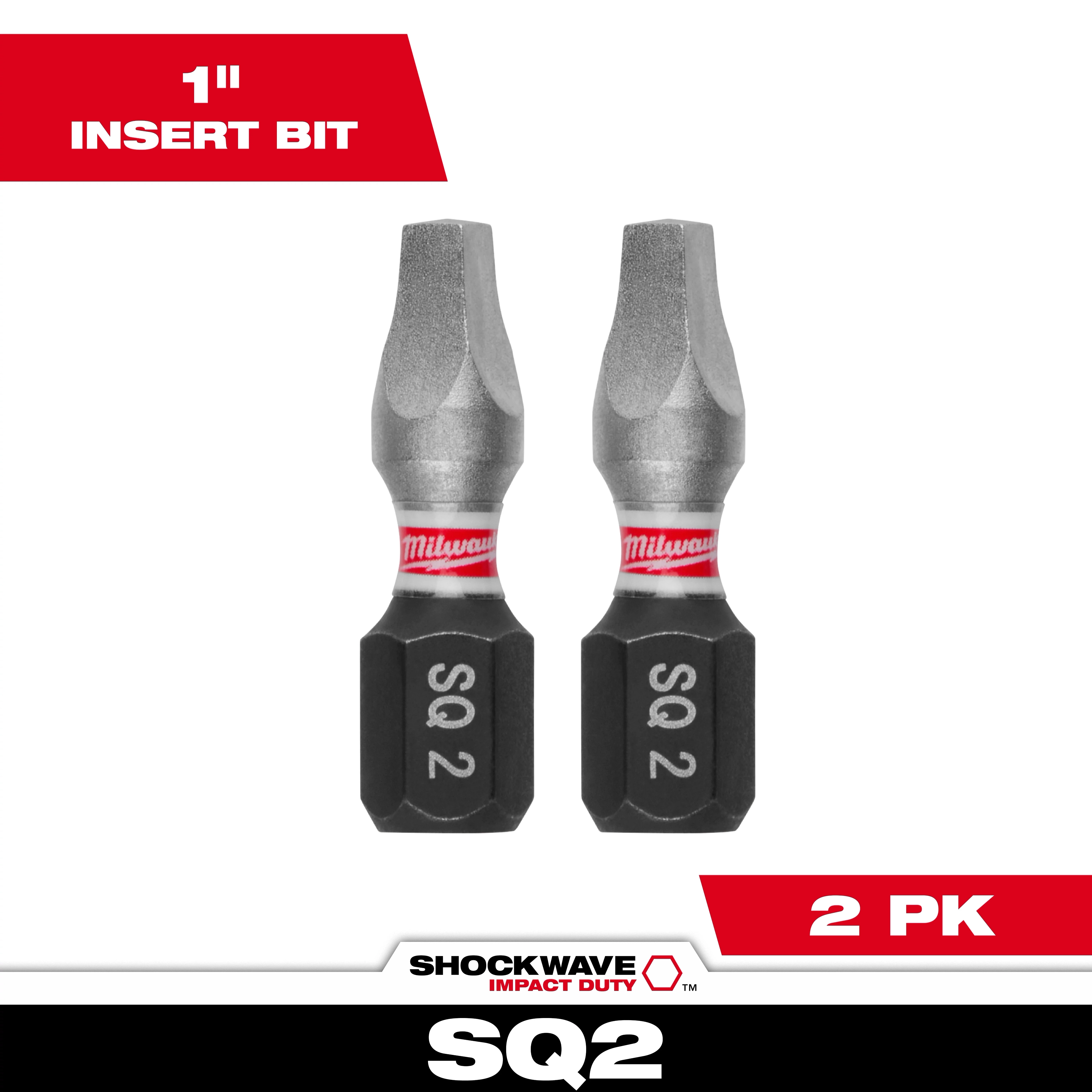 Two SHOCKWAVE™ 1" Impact Duty Square Recess #2 Insert Bits (2 PK) shown upright. The bits have a metallic finish with black bases labeled "SQ 2" and red bands. The packaging highlights the product details including bit size and quantity.