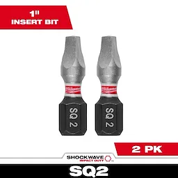 Two SHOCKWAVE™ 1" Impact Duty Square Recess #2 Insert Bits (2 PK) shown upright. The bits have a metallic finish with black bases labeled "SQ 2" and red bands. The packaging highlights the product details including bit size and quantity.