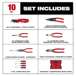 The image lists tools included in a 10-piece set: 6in1 Fastback utility knife, multi-purpose wire stripper with crimper, 8" comfort grip long nose pliers, 8" comfort grip diagonal cutting pliers, long reach pliers - straight, high leverage lineman’s pliers, 4 pc. hose pick set, Bare Tray for 17pc. Screwdriver & Pry Bar Set for PACKOUT™ Drawers.