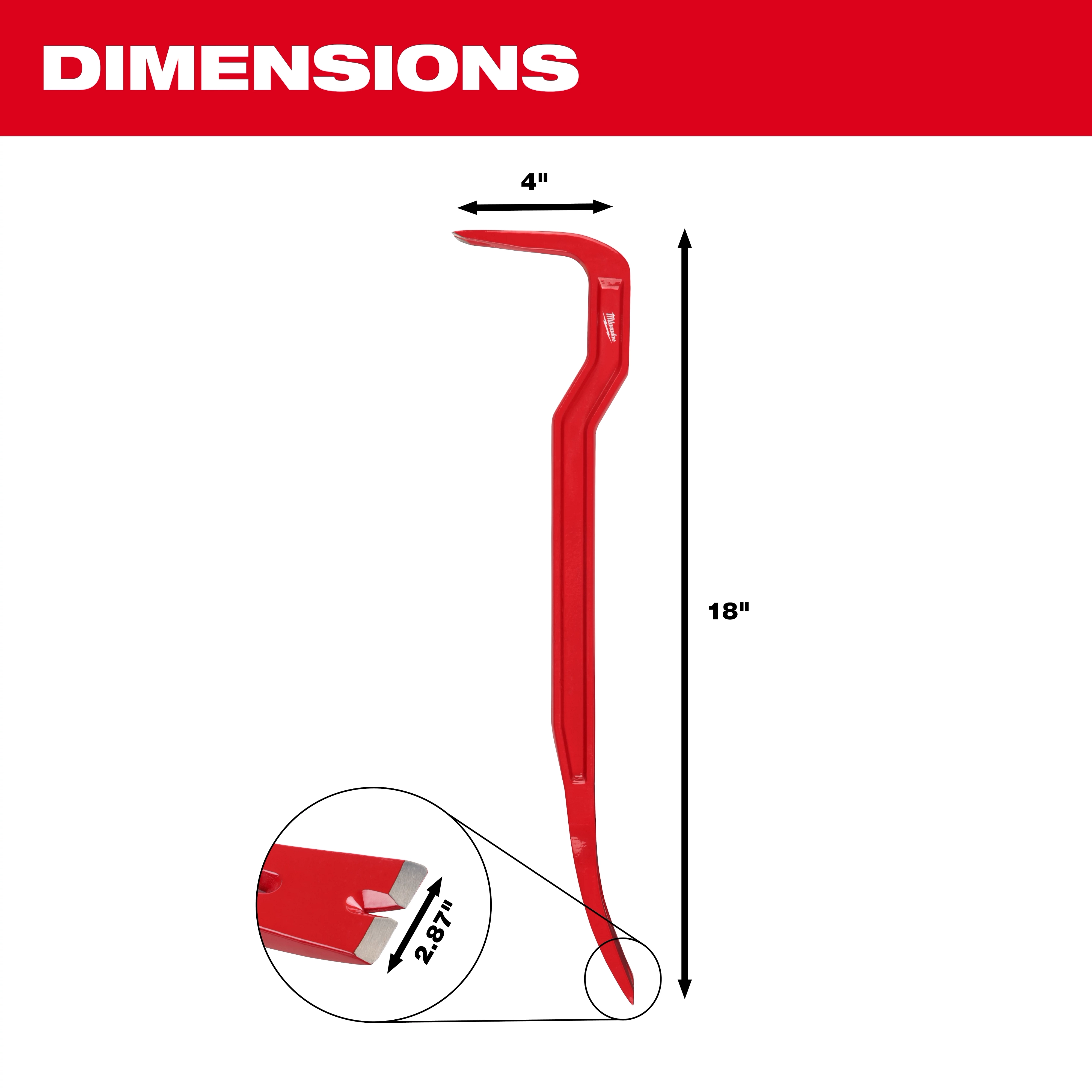 The 18" Wrecking Bar is a red metal tool with an 18-inch height, a 4-inch-wide claw, and a 2.87-inch-wide chisel end. It is designed for heavy-duty demolition and prying tasks.