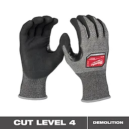 Cut Level 4 High-Dexterity Nitrile Dipped Gloves with black palms and gray fabric backing. ANSI Cut Level A4 shield logo on upper left.