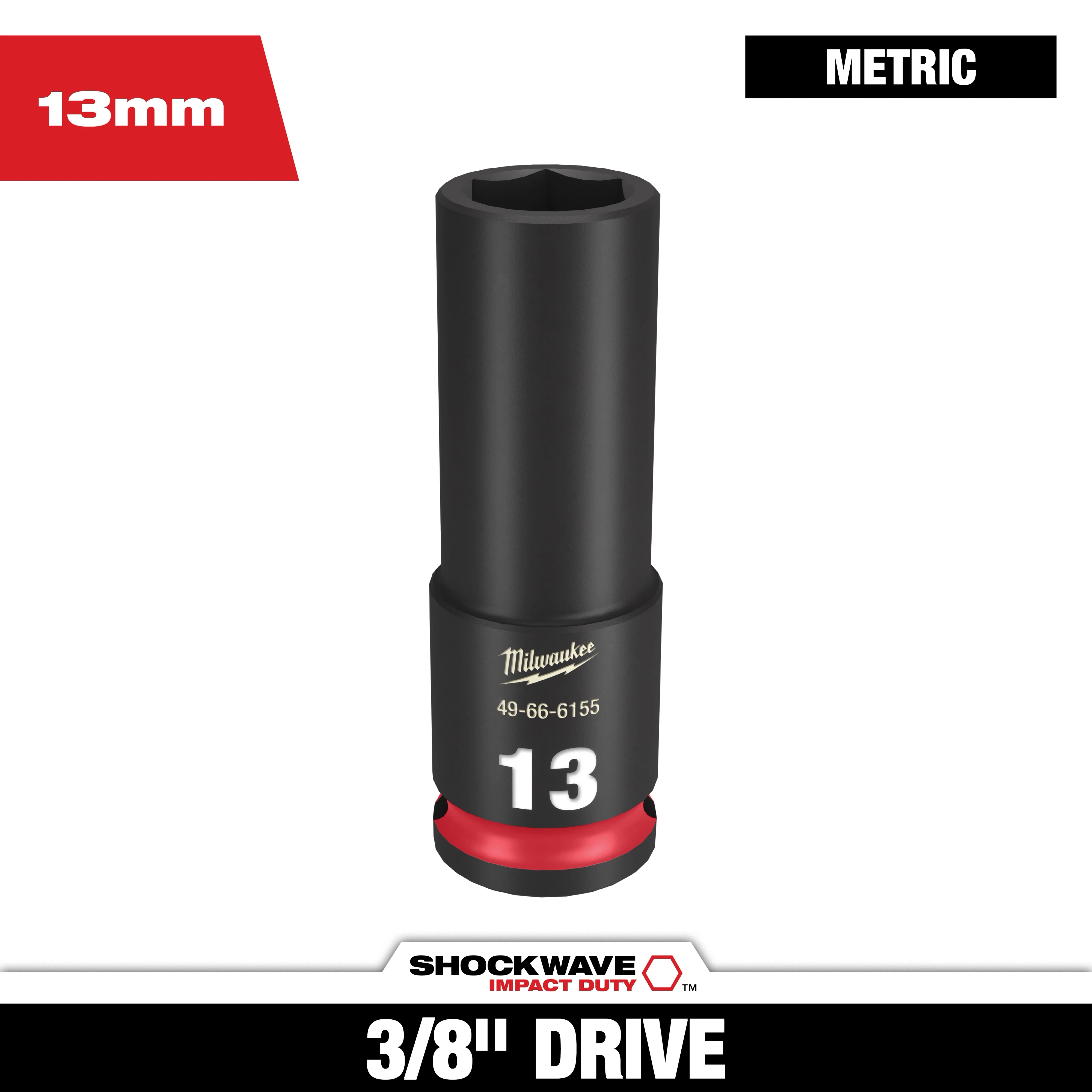 SHOCKWAVE 3/8 in. Drive 13mm Deep 6 Point Impact Socket 1 Pack is a black impact socket with a red base. It features Milwaukee branding with product number 49-66-6155 and large white font indicating '13.' The socket is metric and fits a 3/8" drive tool.