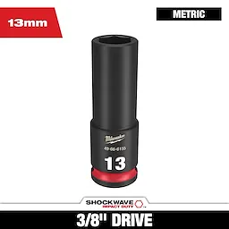 SHOCKWAVE 3/8 in. Drive 13mm Deep 6 Point Impact Socket 1 Pack is a black impact socket with a red base. It features Milwaukee branding with product number 49-66-6155 and large white font indicating '13.' The socket is metric and fits a 3/8" drive tool.