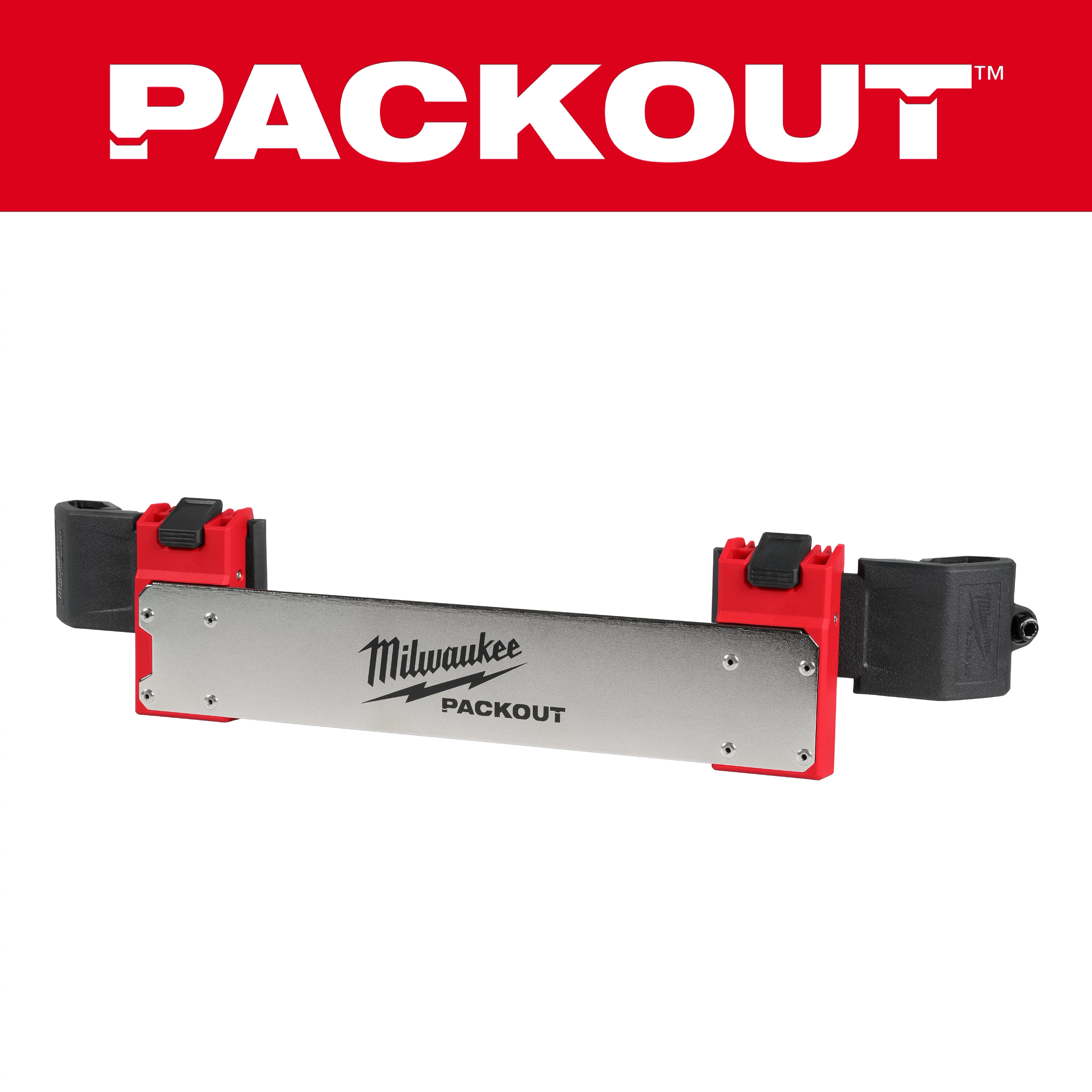 PACKOUT Tool Box Belt Clip Rack Attachment by Milwaukee, featuring red clips and metal plate, under a red PACKOUT banner.