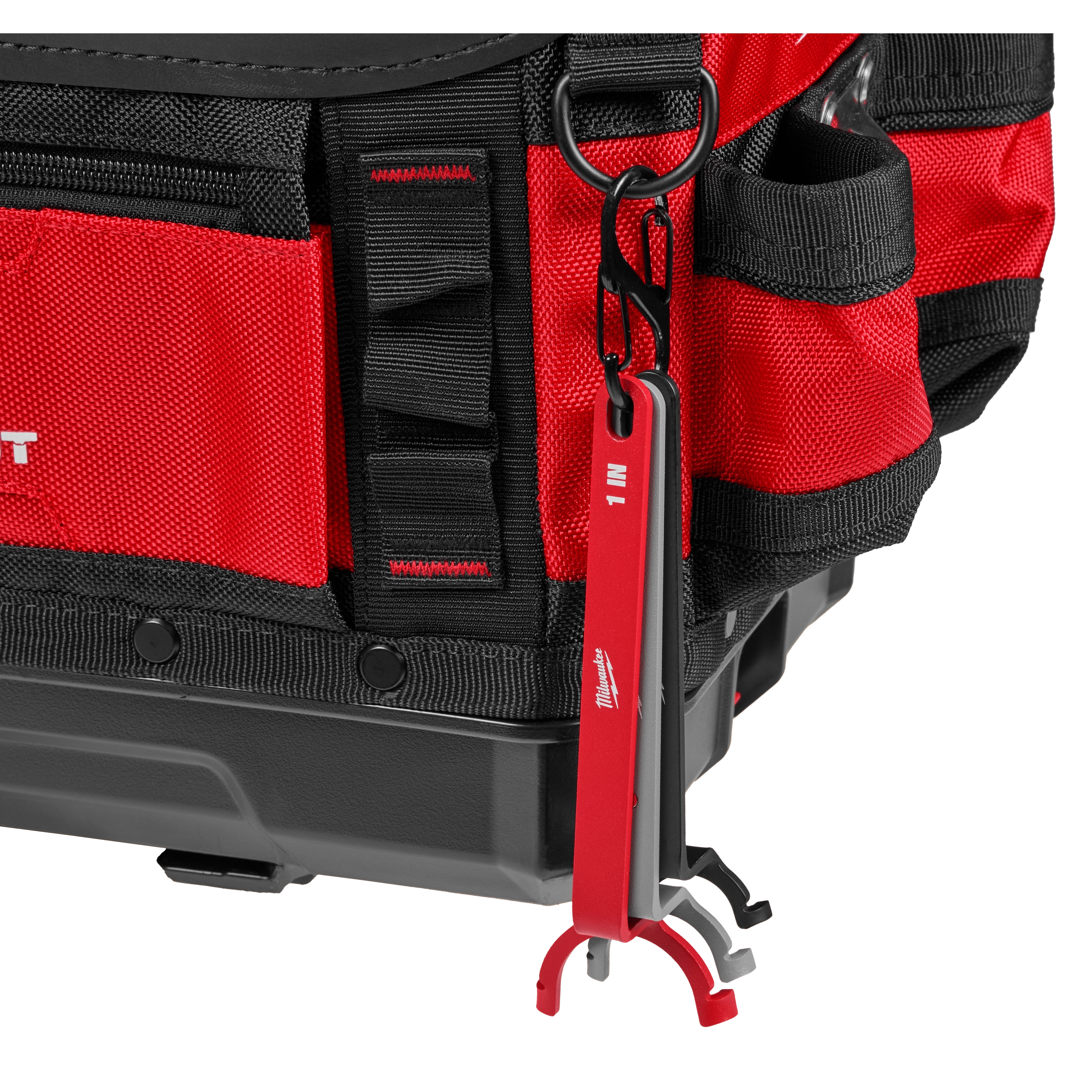 The 3 PC Locknut Wrench Set, consisting of three red wrenches joined by a black ring, is attached to a red and black tool bag. The set is designed for durability and convenience.