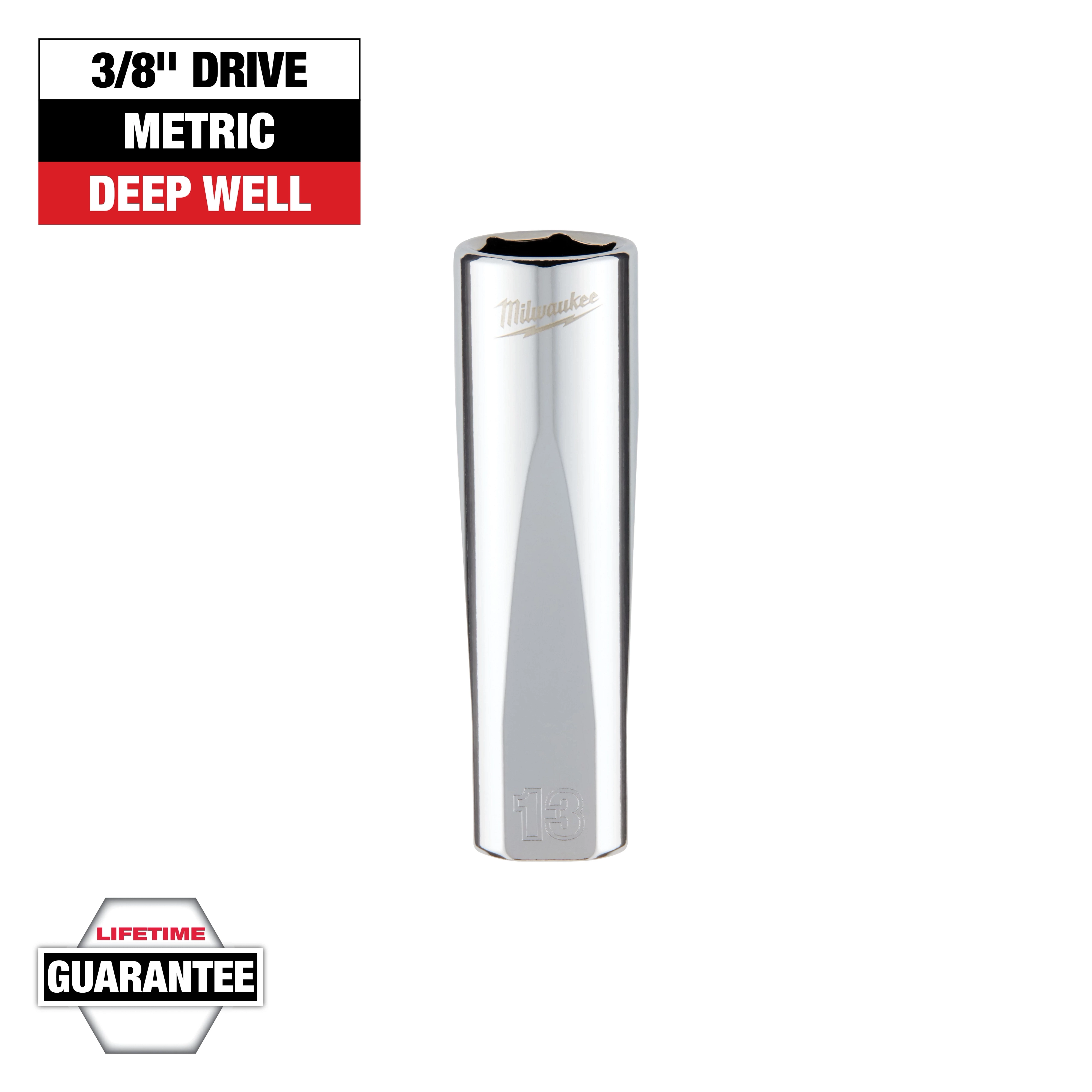 This image shows a Milwaukee brand 3/8" drive metric deep well socket. The socket is shiny and cylindrical with the brand name engraved. The top left corner states "3/8" Drive Metric Deep Well," and a "Lifetime Guarantee" badge is at the bottom left.