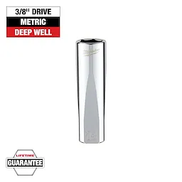 This image shows a Milwaukee brand 3/8" drive metric deep well socket. The socket is shiny and cylindrical with the brand name engraved. The top left corner states "3/8" Drive Metric Deep Well," and a "Lifetime Guarantee" badge is at the bottom left.