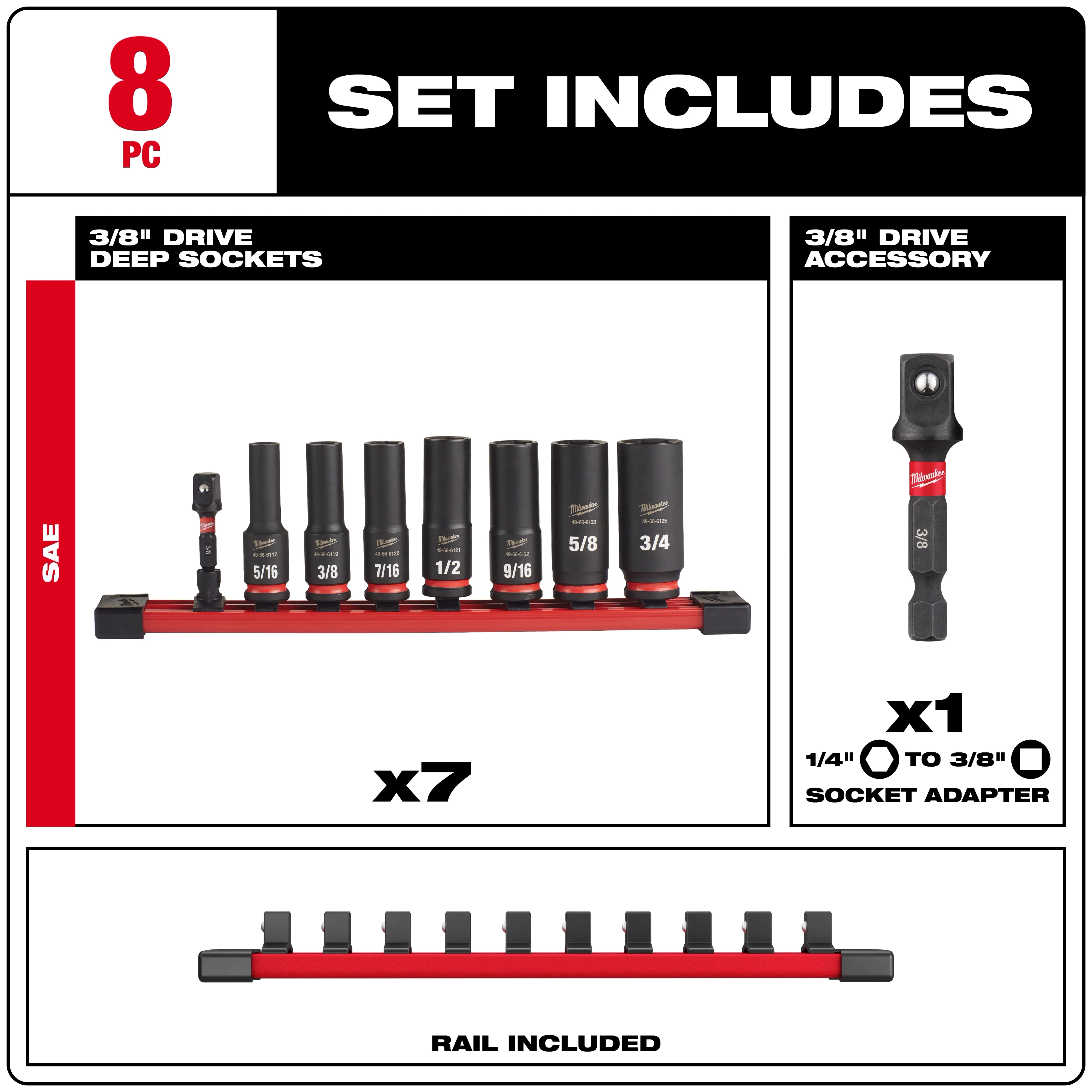 Milwaukee 8-piece SAE 3/8" Drive Deep Socket Set includes 7 deep sockets (sizes 5/16" to 3/4"), a 3/8" drive socket adapter, and a rail for organized storage. Sockets and the adapter are displayed on a red socket rail.