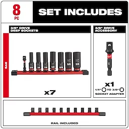 Milwaukee 8-piece SAE 3/8" Drive Deep Socket Set includes 7 deep sockets (sizes 5/16" to 3/4"), a 3/8" drive socket adapter, and a rail for organized storage. Sockets and the adapter are displayed on a red socket rail.