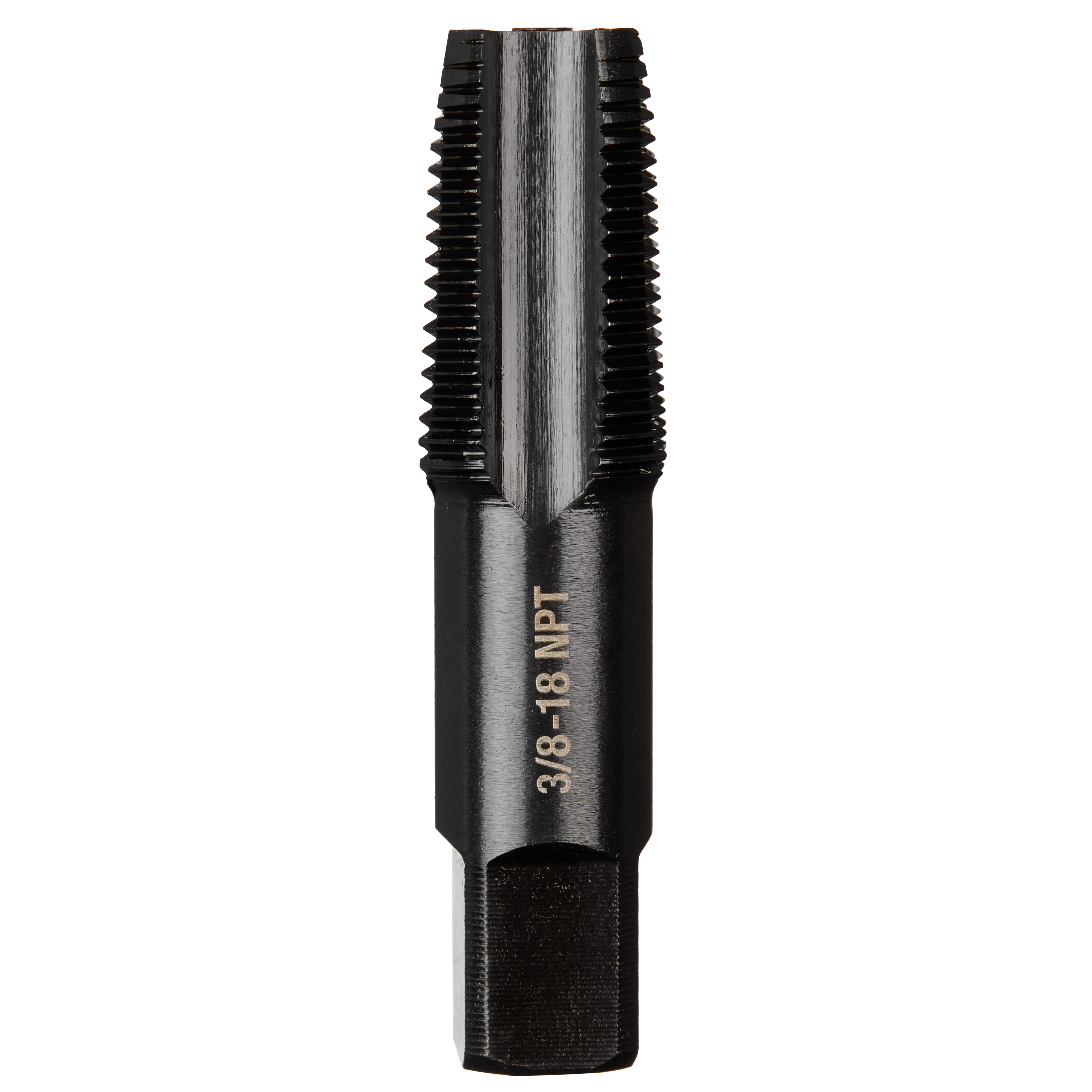 3/8"-18 NPT Straight Flute Taper Tap with a black finish, designed for cutting internal threads in pipes and fittings.