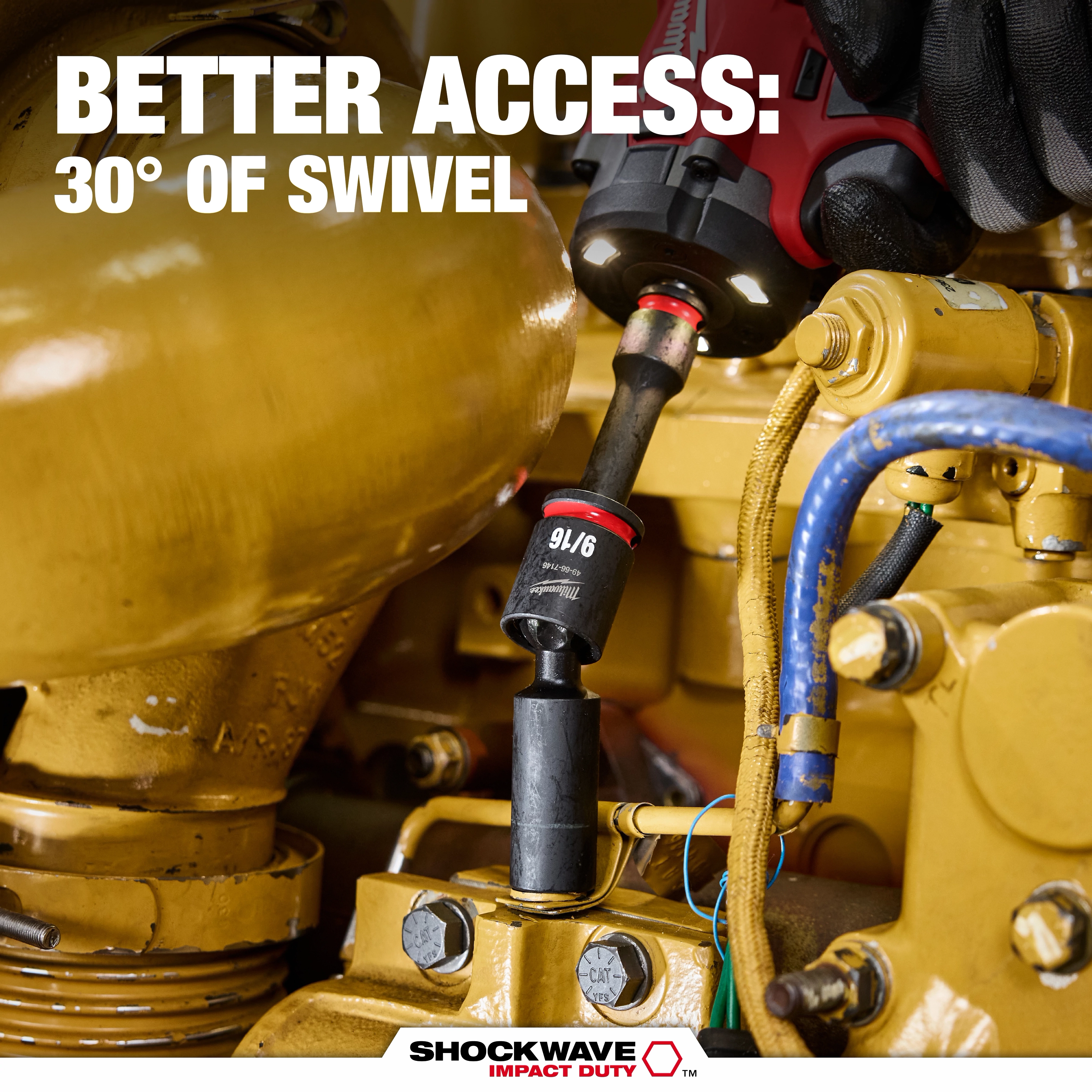 Power tool using a SHOCKWAVE Impact Duty swivel socket on engine hardware, promoting better access and 30° of swivel.