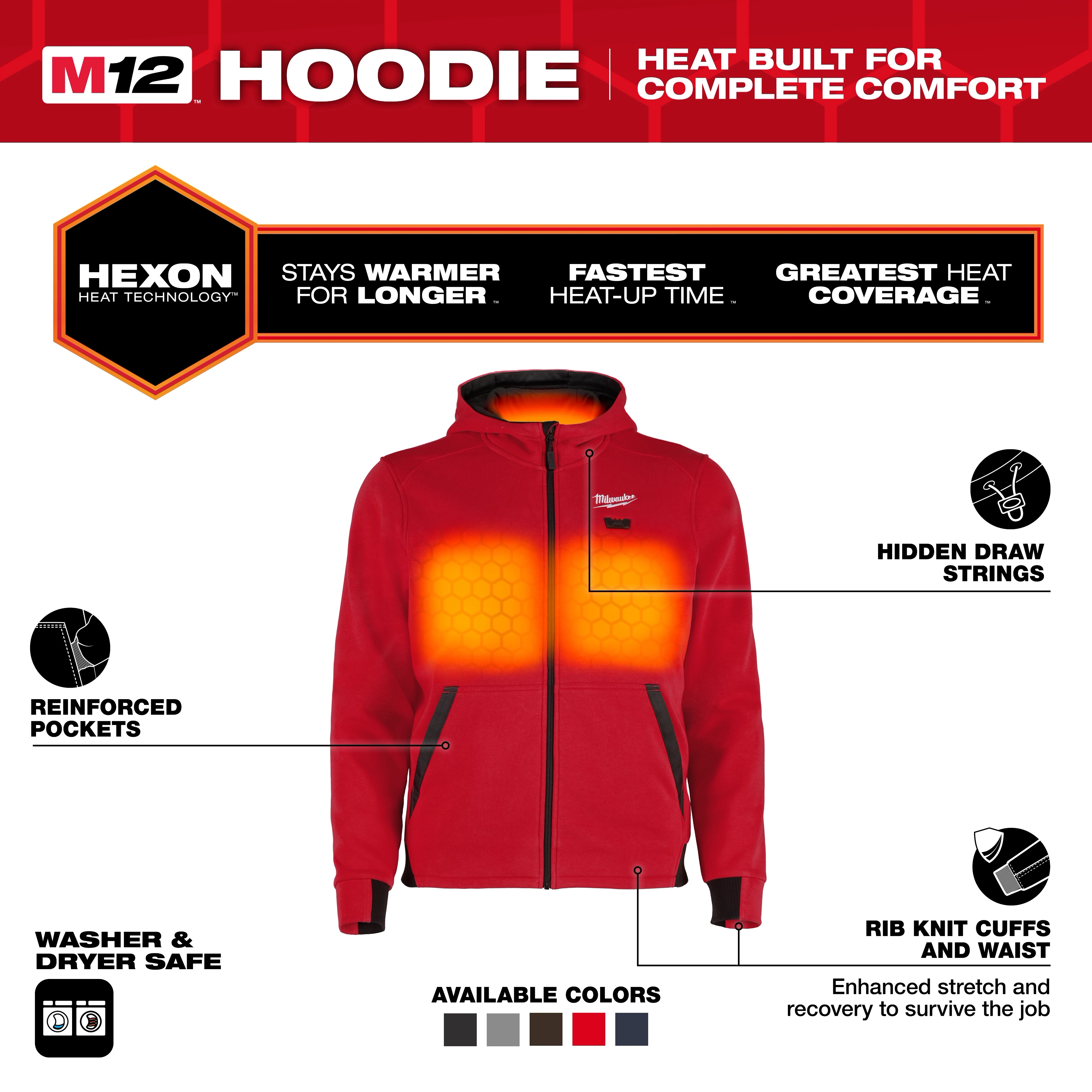 The M12™ Heated Hoodie features HEXON heat technology, providing warmth, fast heat-up time, and extended coverage. It includes reinforced pockets, hidden drawstrings, rib-knit cuffs, and waist, and it is washer and dryer safe. Available in black, grey, red, blue, and khaki.