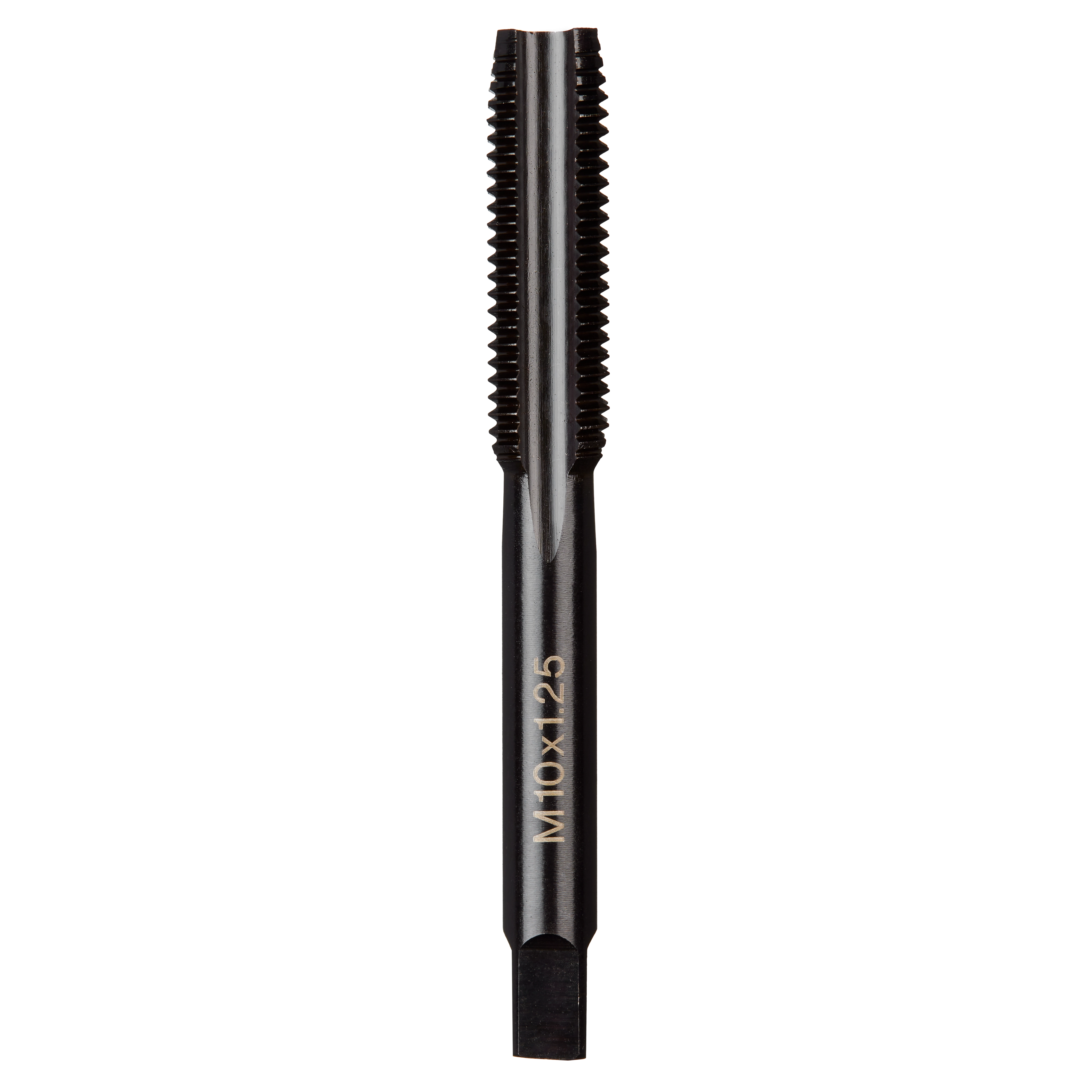 M10-1.25 20mm Straight Flute Plug Tap, a metal tool with threaded cutting edges and inscribed specifications on the shank.