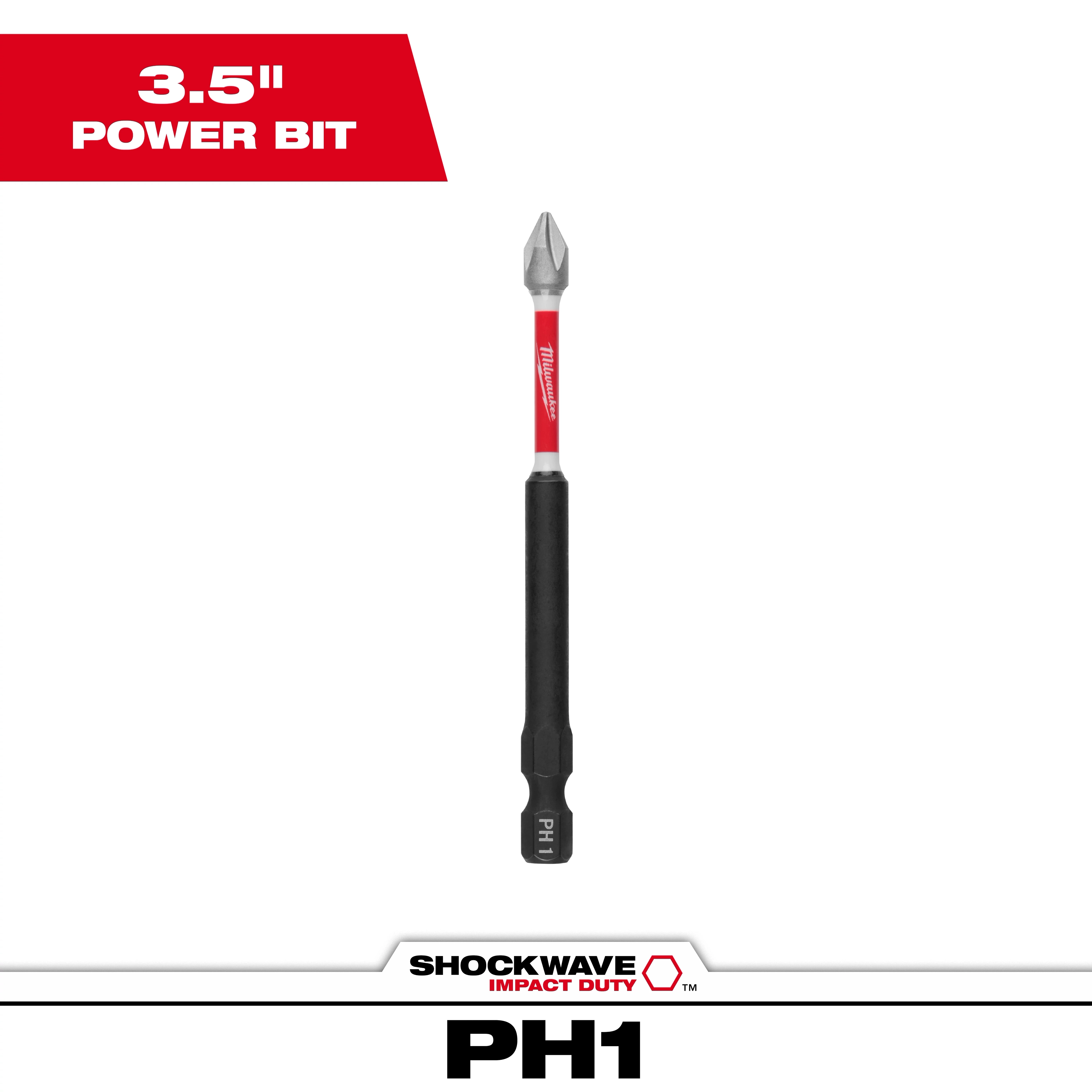The image shows a SHOCKWAVE™ 3.5" Impact Duty Phillips #3 Power Bit by Milwaukee. The bit has a Phillips #3 tip, a red shaft with the Milwaukee branding, and a black hexagonal base labeled "PH1". It is designed for impact duty use, as indicated by the text on the packaging.