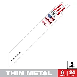 Milwaukee Sawzall Blade, 6 inches long, 24 teeth per inch (TPI), designed for cutting thin metal. The blade is white with red accents, marked "Made in USA" and has an American flag. The package includes five blades, labeled in the bottom right corner.