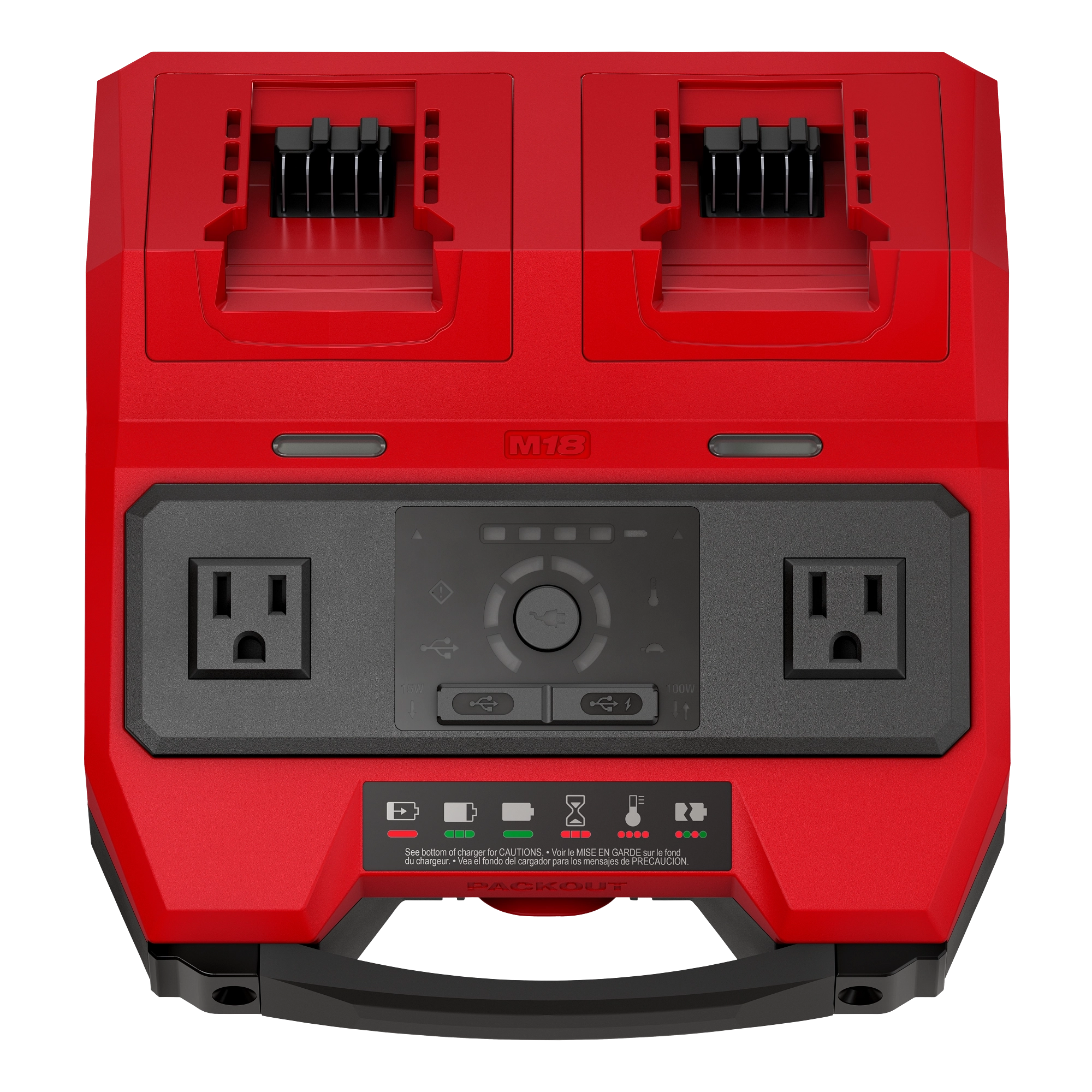Block Photography red dual-port power station with two outlets and central control panel.