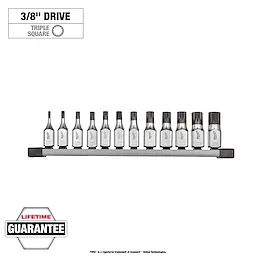 12-piece 3/8" Drive Triple Square Bit Socket Set features twelve triple square bit sockets arranged on a rail, with a lifetime guarantee.