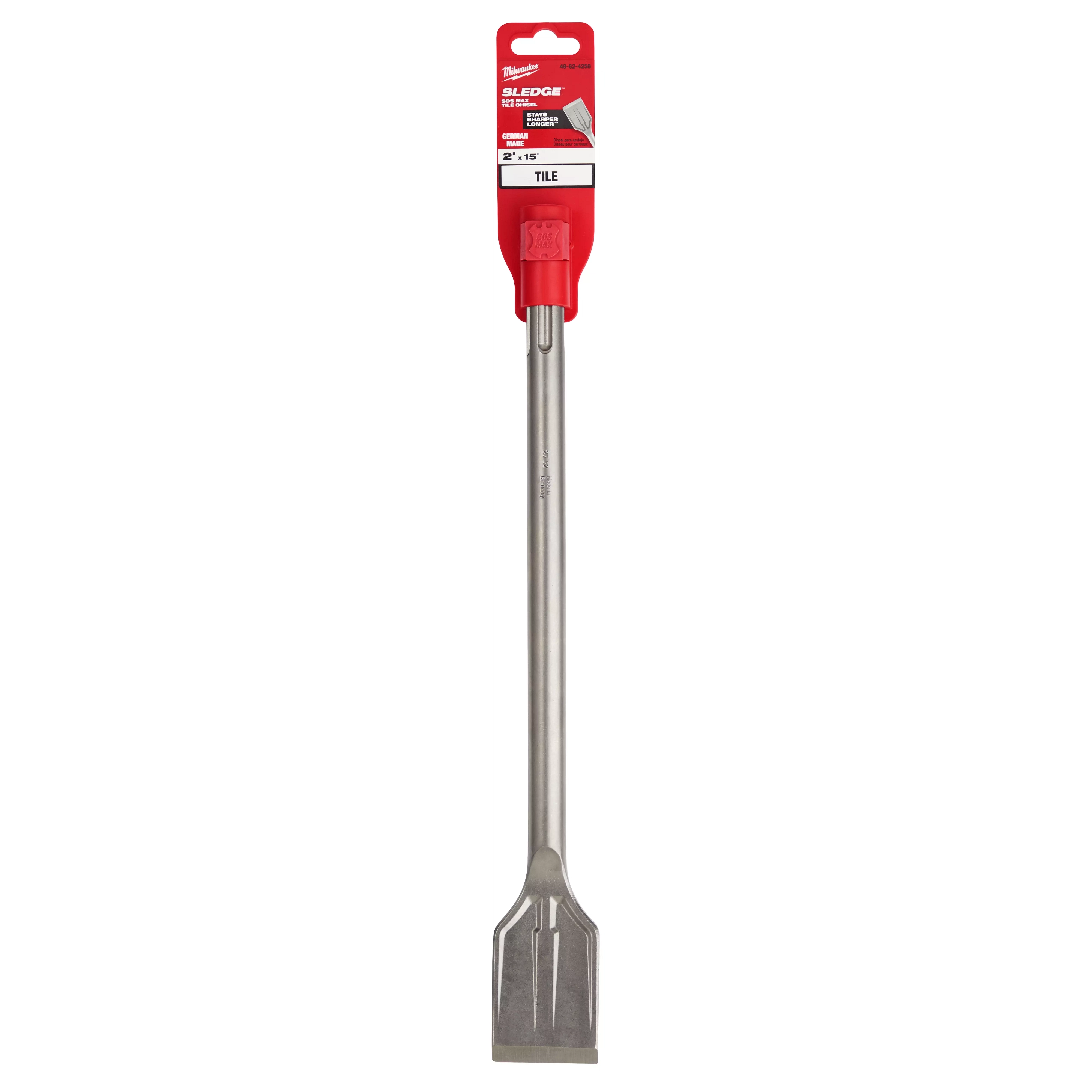 SDS-MAX SLEDGE 2" Tile Chisel with a long metal shaft and a red label at the top showing the product name and specifications.