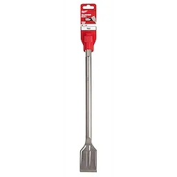 SDS-MAX SLEDGE 2" Tile Chisel with a long metal shaft and a red label at the top showing the product name and specifications.