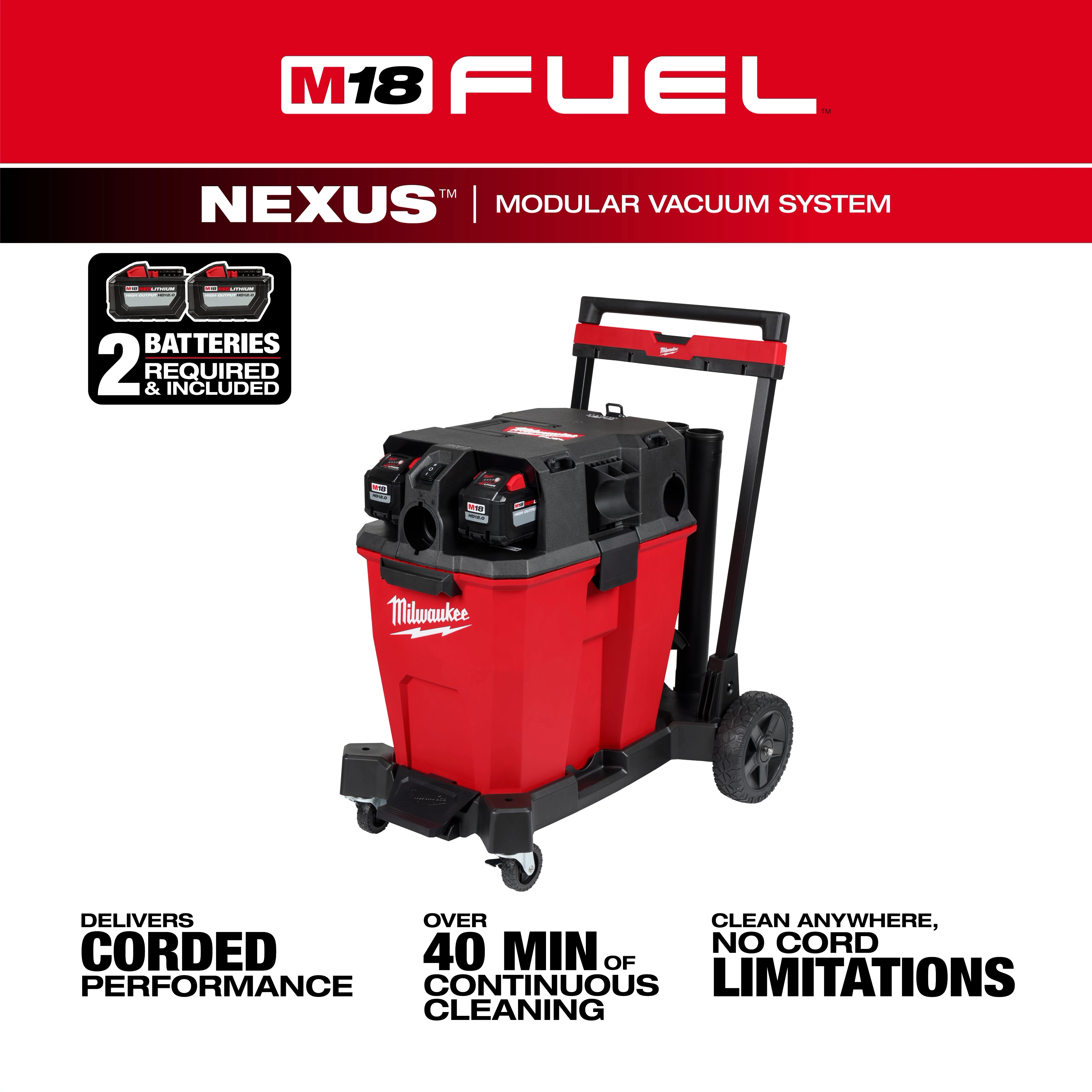 The M18 FUEL™ NEXUS™ 12 Gallon Dual-Battery Wet/Dry Vacuum Kit features a red and black design with two batteries included, enabling over 40 minutes of continuous cleaning. It delivers corded performance without the limitation of cords, suitable for various cleaning tasks.