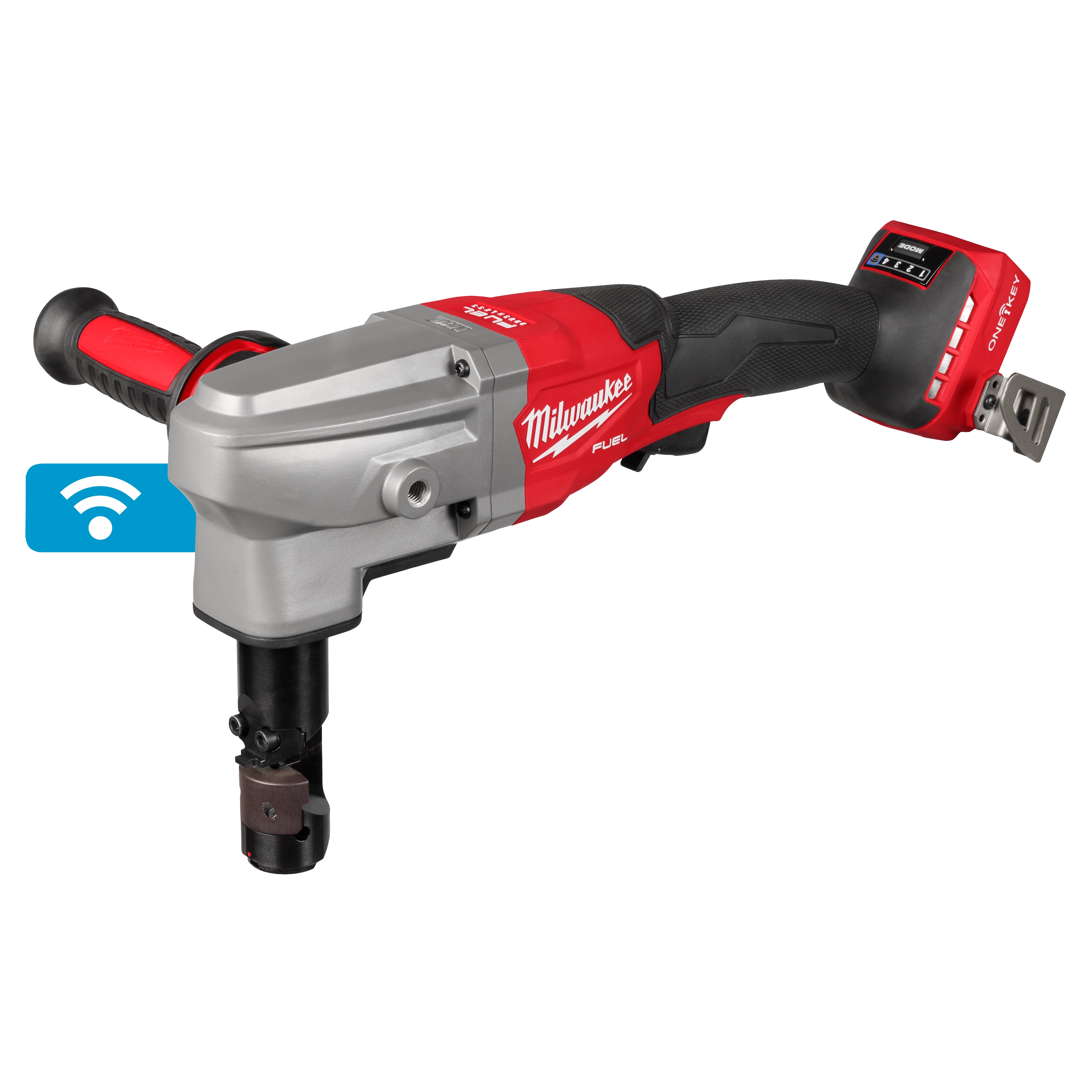 The image shows an M18 FUEL™ 10 Gauge Nibbler. It is a power tool with a red and black body, featuring a metallic head and a cutting mechanism at the front. The tool also displays a wireless connectivity icon.