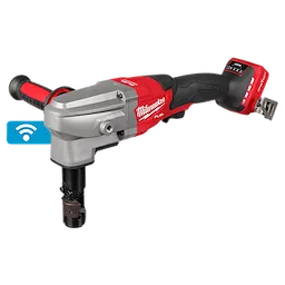 The image shows an M18 FUEL™ 10 Gauge Nibbler. It is a power tool with a red and black body, featuring a metallic head and a cutting mechanism at the front. The tool also displays a wireless connectivity icon.