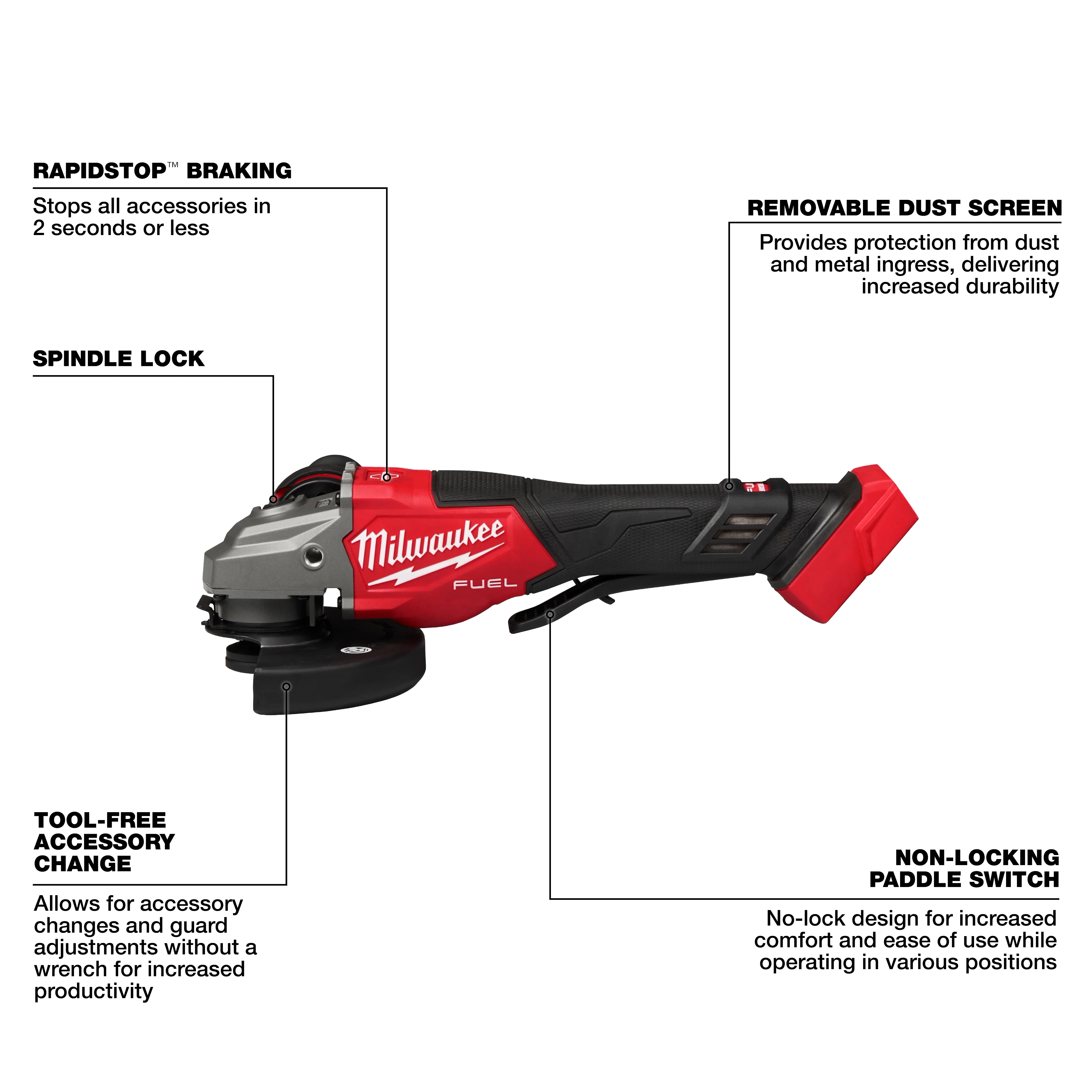The M18 FUEL™ 4-1/2"-6" Braking Grinder, Paddle Switch features rapid-stop braking, removable dust screen, tool-free accessory changes, spindle lock, and non-locking paddle switch for ease of use and increased durability. Suitable for professional use, this grinder offers enhanced safety and productivity.