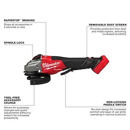The M18 FUEL™ 4-1/2"-6" Braking Grinder, Paddle Switch features rapid-stop braking, removable dust screen, tool-free accessory changes, spindle lock, and non-locking paddle switch for ease of use and increased durability. Suitable for professional use, this grinder offers enhanced safety and productivity.