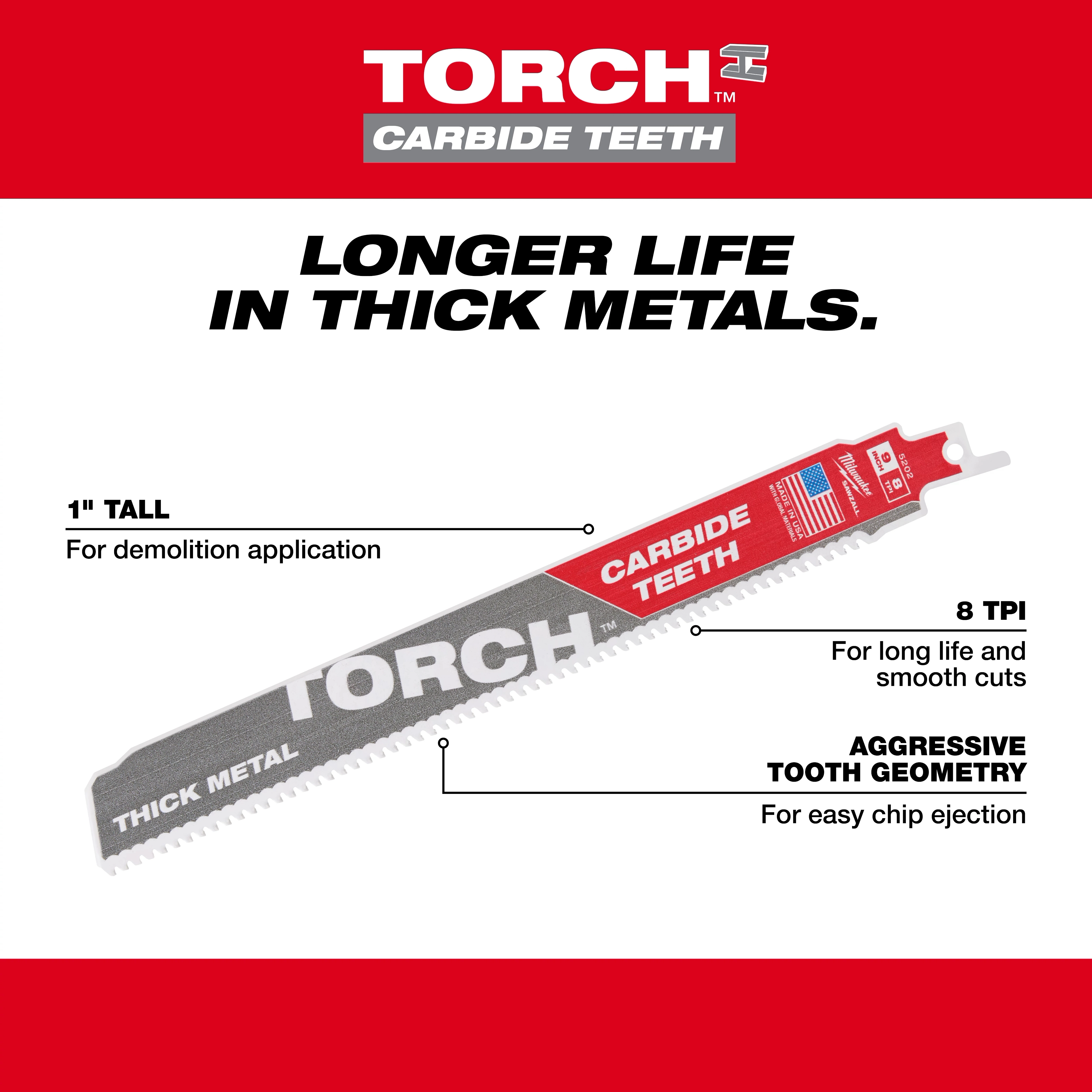 TORCH with Carbide Teeth Walkaround is a 1-inch tall demolition blade designed for cutting thick metals. It features 8 teeth per inch (TPI) for smooth, long-lasting cuts, and aggressive tooth geometry for efficient chip ejection. The packaging highlights its durability and suitability for heavy-duty applications.
