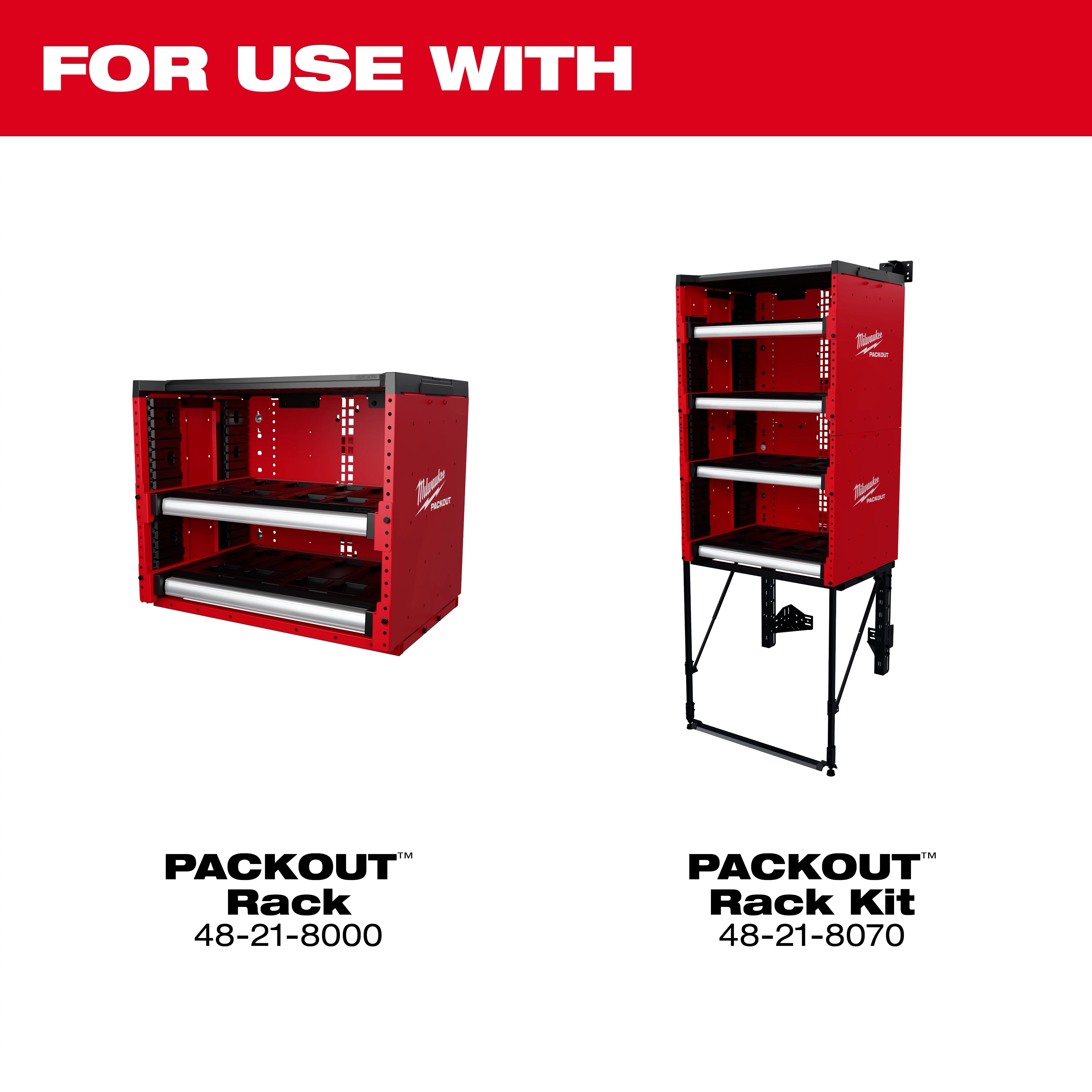 PACKOUT™ Rack advertisement for two models: the PACKOUT™ Rack 48-21-8000 with two metal shelves and the PACKOUT™ Rack Kit 48-21-8070 with four shelves and black metal legs. Both racks are red and branded with the Milwaukee logo.