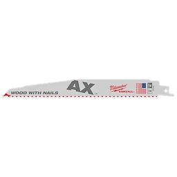 The image features the 9" 5 TPI The Ax™ Sawzall® Blade (5 pk). The blade is gray and has red teeth, labeled for cutting wood with nails. It includes the manufacturer's logo, Sawzall®, and an American flag graphic, indicating its cutting capability and origin.