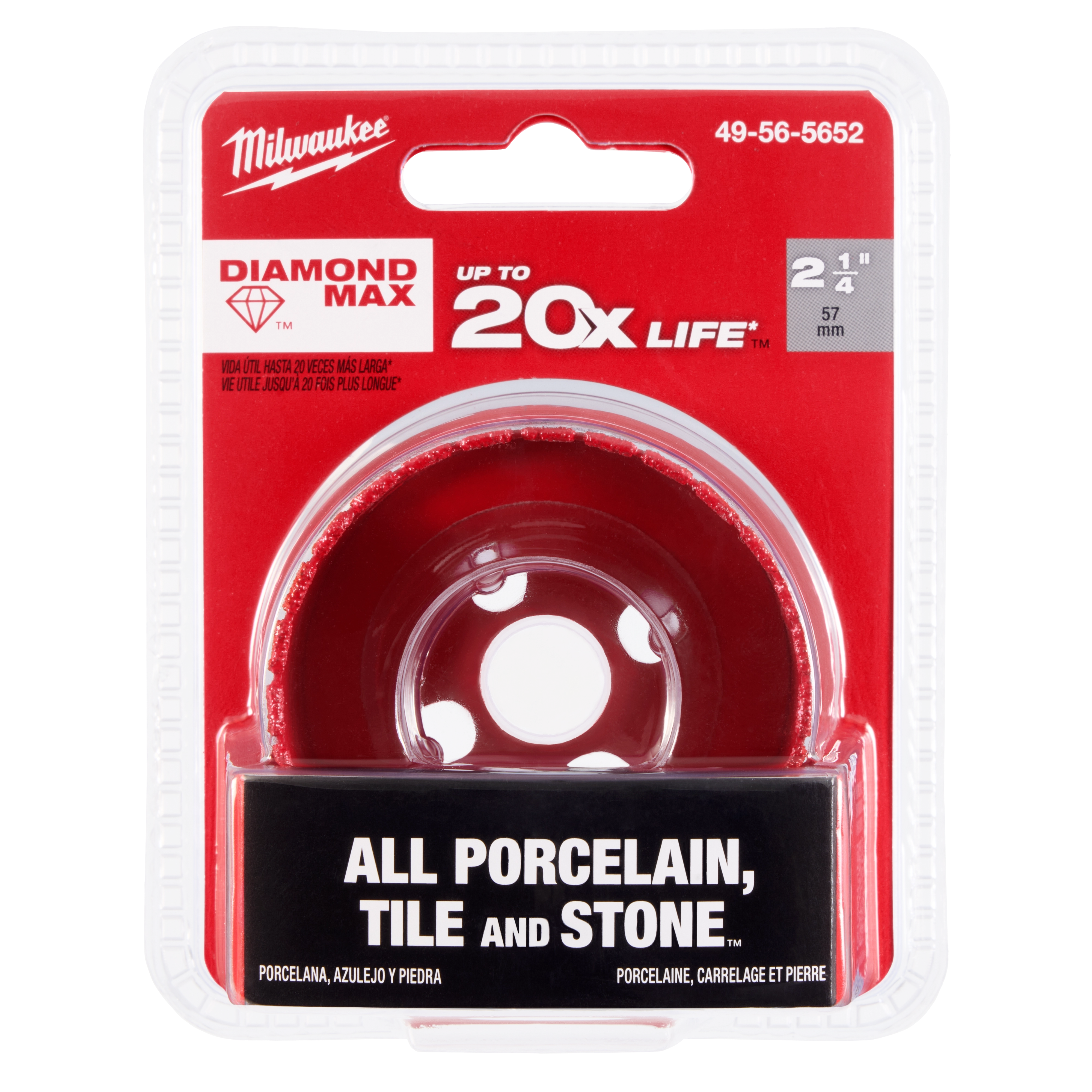 Milwaukee 2-1/4" Diamond Max Hole Saw in packaging. Suitable for cutting porcelain, tile, and stone. Promises up to 20x longer life.