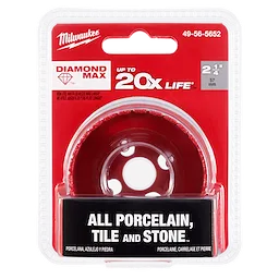Milwaukee 2-1/4" Diamond Max Hole Saw in packaging. Suitable for cutting porcelain, tile, and stone. Promises up to 20x longer life.
