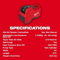 Red M18 Brushless Refrigerant Recovery Machine displayed with product specifications including compatibility, pressure rates, and dimensions.
