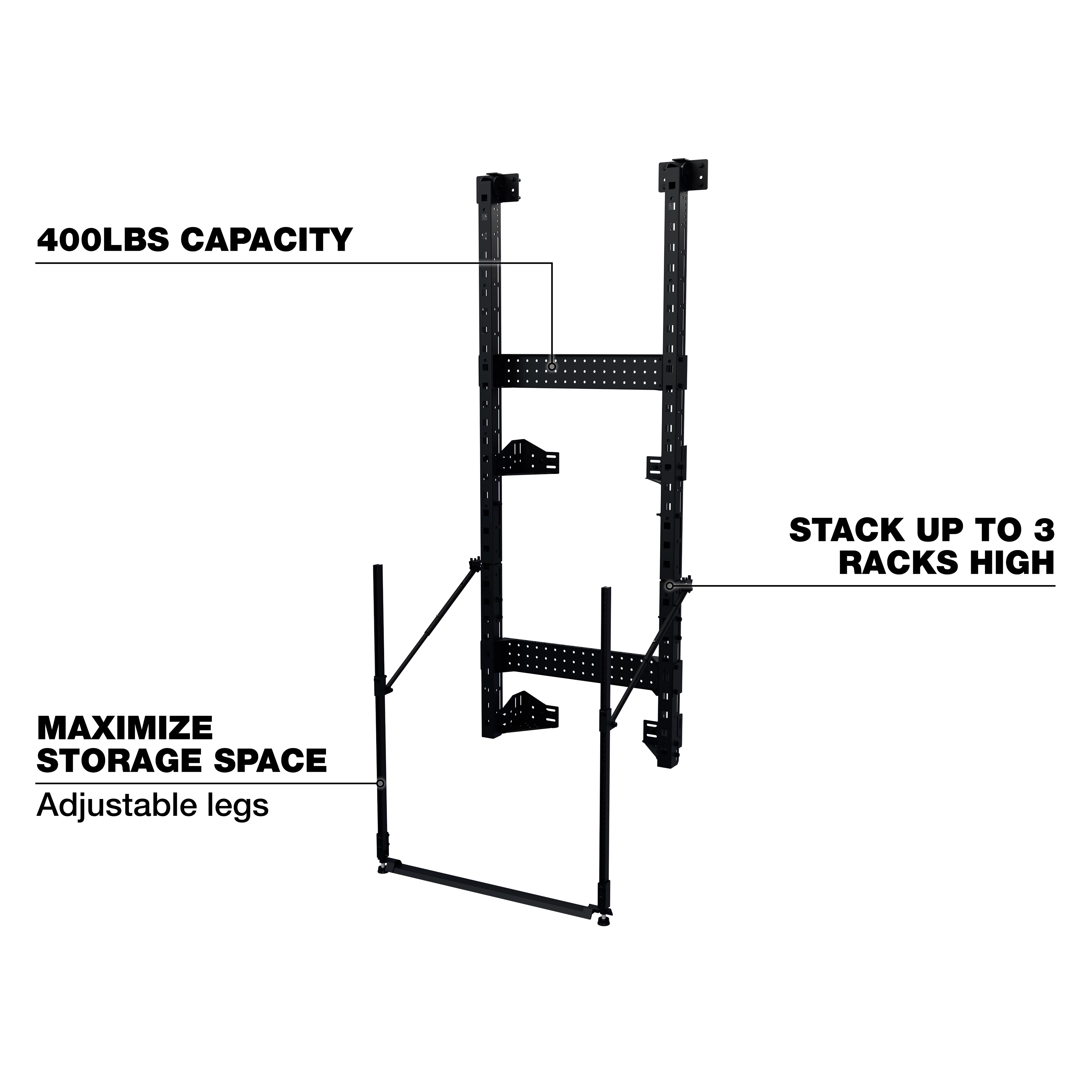 PACKOUT™ Rack Frame with 400lbs capacity, stackable up to 3 racks high, features adjustable legs for maximizing storage space. Black metal frame designed for heavy-duty organization tasks.