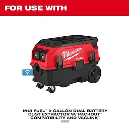 The image shows a red and black Milwaukee M18 FUEL™ 9 Gallon Dual Battery Dust Extractor with PACKOUT™ Compatibility and VACLINK™ Accessories. The product is positioned on wheels, with dual battery slots, and is labeled with the Milwaukee logo.