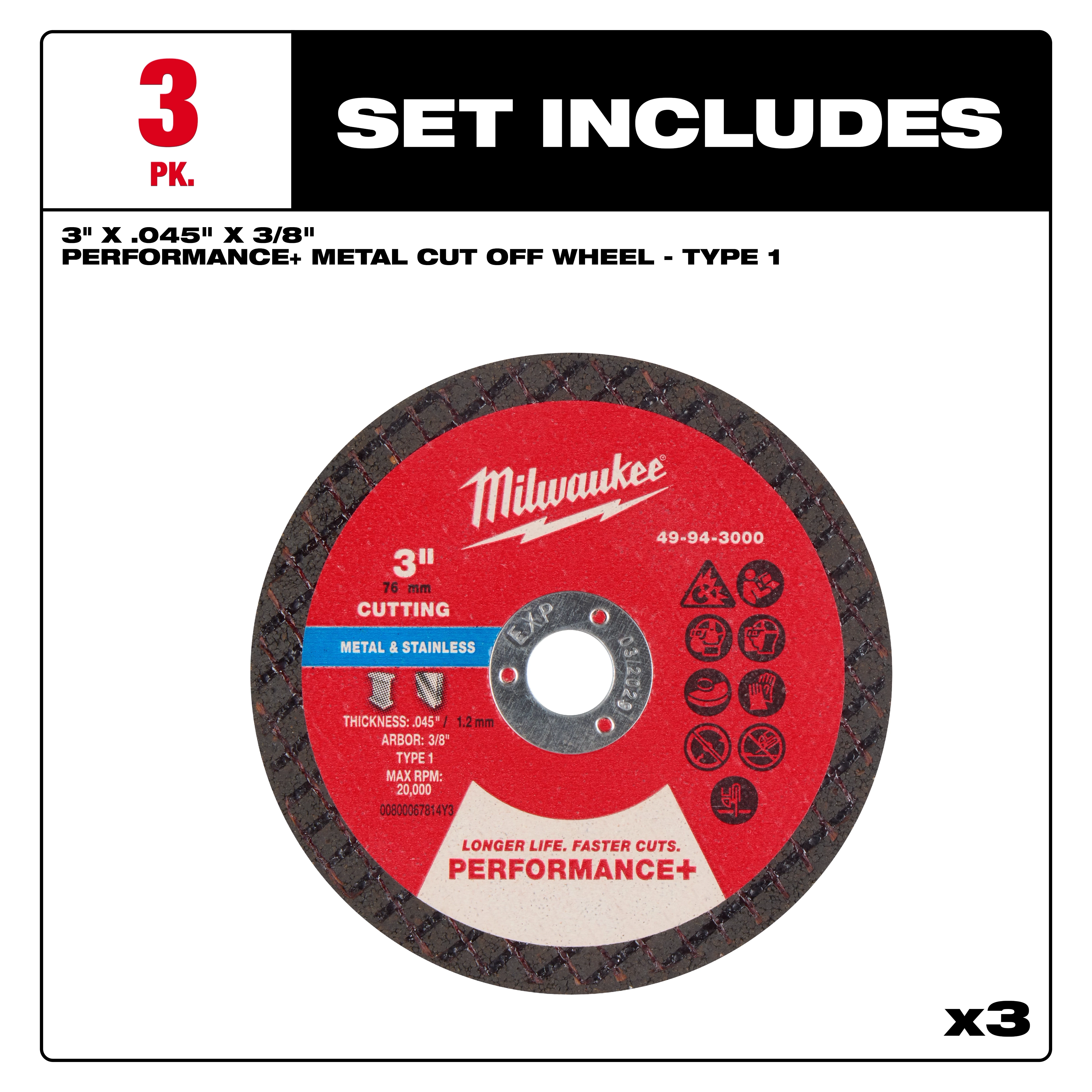 3" x .045" x 3/8" Performance+ Metal Cut Off Wheel - Type 1 - 3pk displayed with one red abrasive wheel centered.