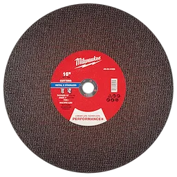 Milwaukee 16" x 1/8" x 1" Performance+ Metal Cut Off Wheel - Type 1, designed for cutting metal and stainless steel.