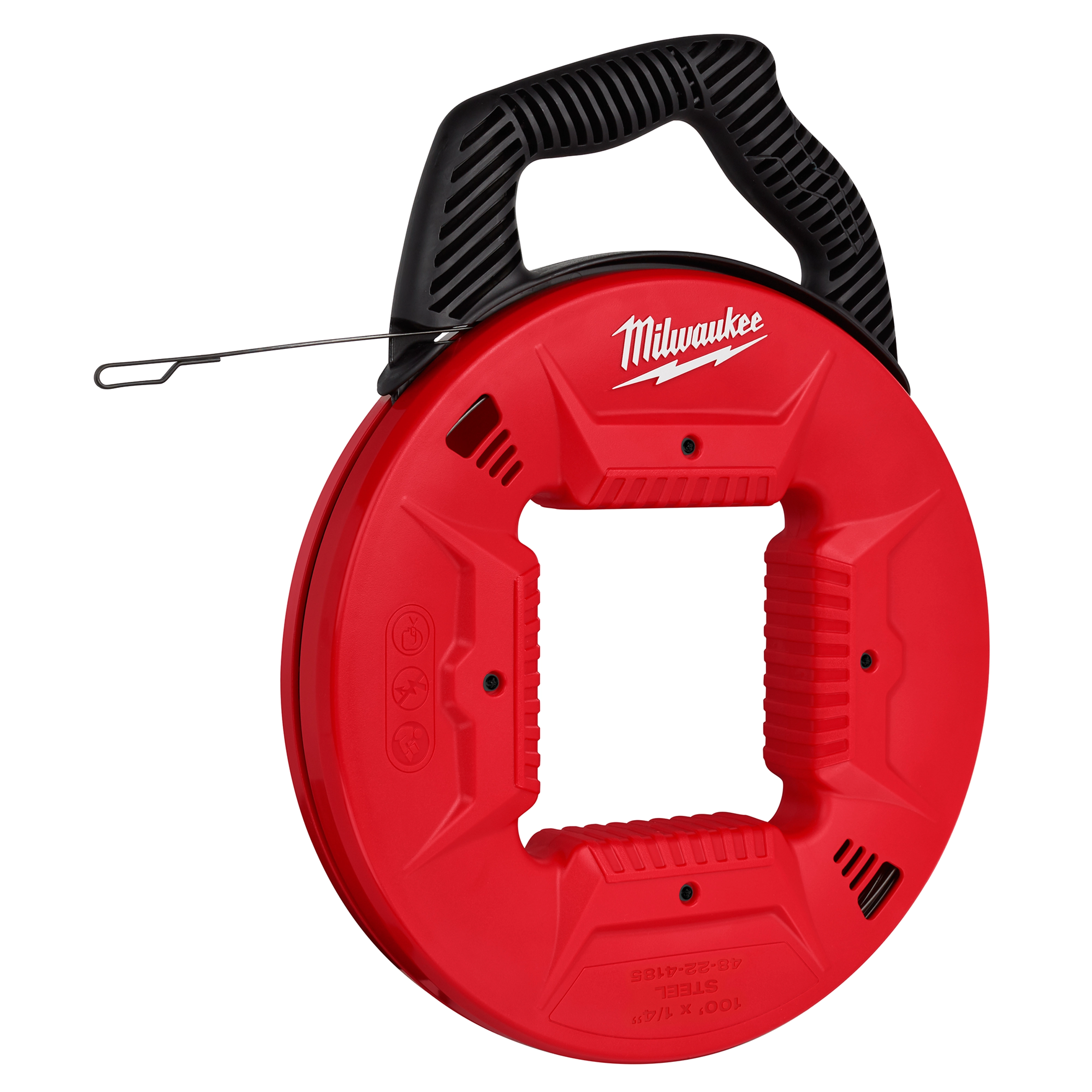Milwaukee 1/4" 100' Steel Fish Tape features a red plastic reel with a black handle and a retractable metal tape for cable fishing.