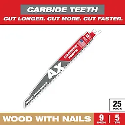 The Sawzall Bi-Metal Carbide 9-inch blade with 5 TPI features carbide teeth. It is designed for cutting wood with nails, offering durability and efficiency. The packaging highlights a 25-pack quantity and emphasizes longer, faster cuts.