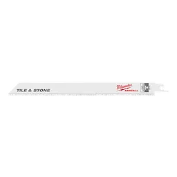 The image features a 9-inch Milwaukee Carbide Grit SAWZALL® Blade designed for cutting tile and stone. The blade is primarily white with "TILE & STONE" in grey text and the Milwaukee SAWZALL® logo in red.
