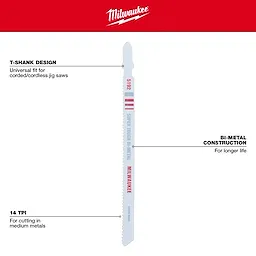 Milwaukee 5-1/4" 14TPI T-Shank Metal Cutting Bi-Metal Jig Saw Blades 5PK, featuring universal fit, bi-metal construction, and 14 teeth per inch.