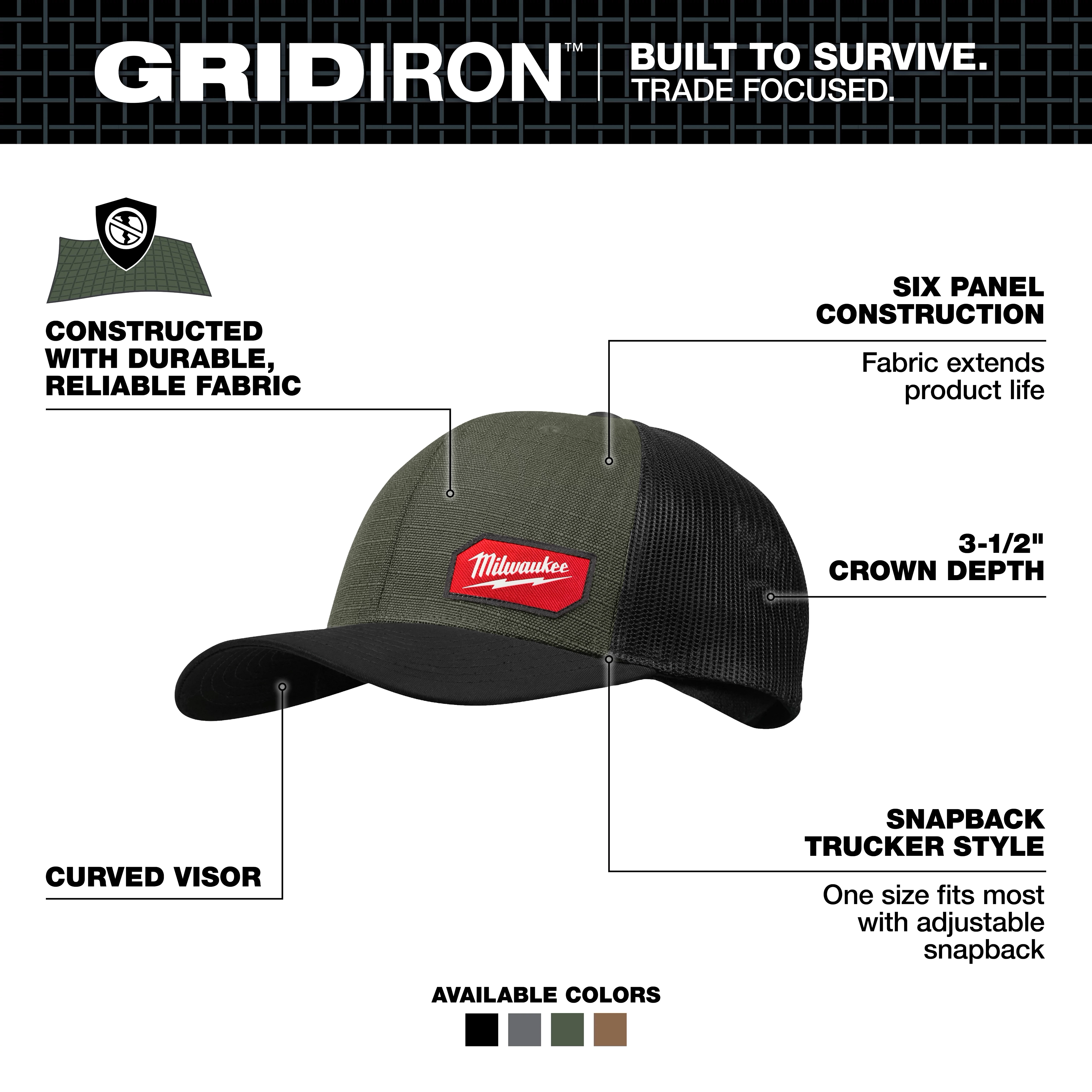 GRIDIRON Snapback Trucker Hat with curved visor, mesh back, six panel construction, and adjustable snapback closure.