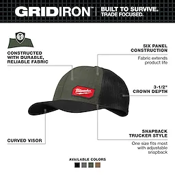 GRIDIRON Snapback Trucker Hat with curved visor, mesh back, six panel construction, and adjustable snapback closure.