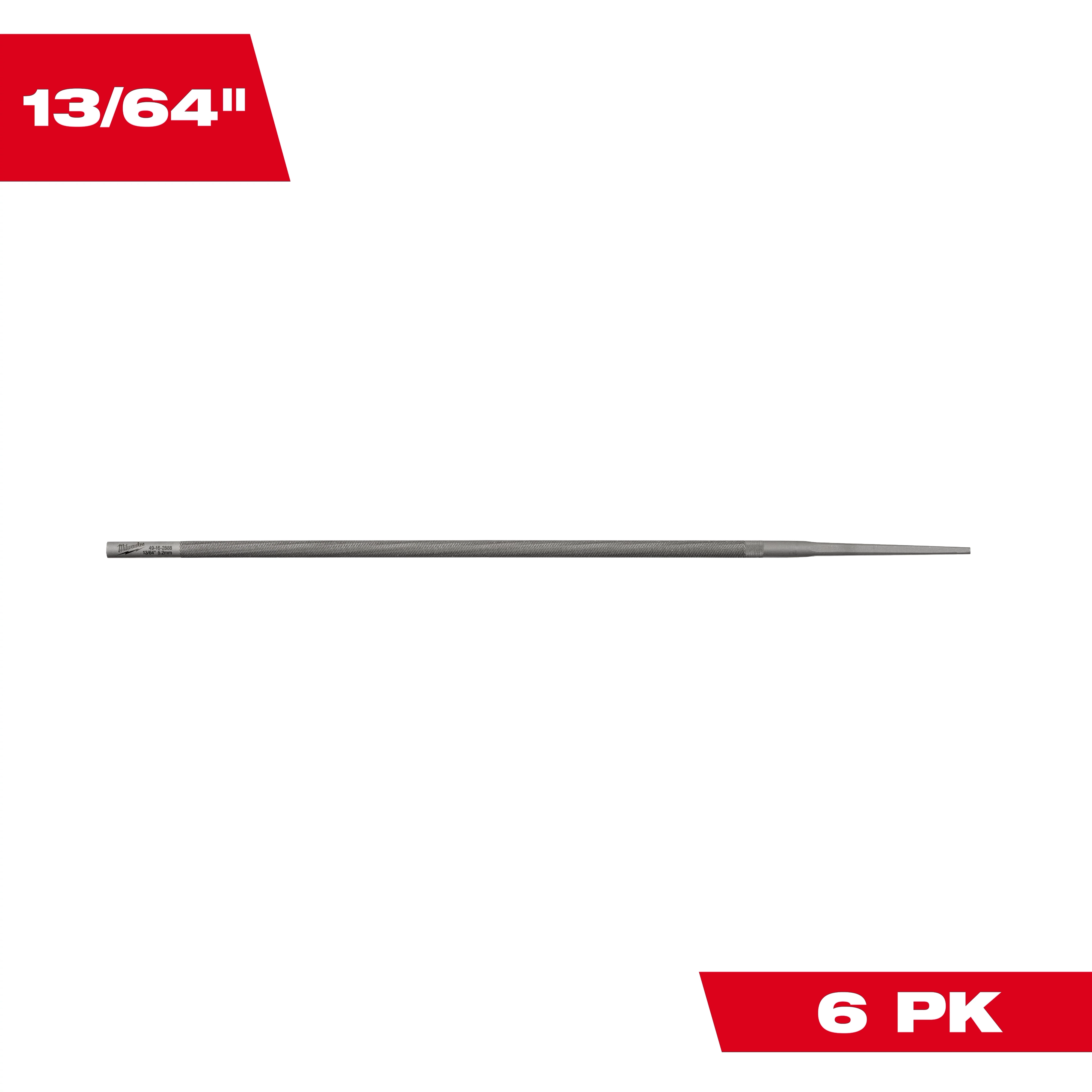 The 13/64” Round File for Saw Chain comes in a 6 PK. Ideal for sharpening saw chains, the file is long, cylindrical in shape, and has uniform ridges along its length for consistency and precision during use. Red labels display "13/64''" and "6 PK” on a white background.