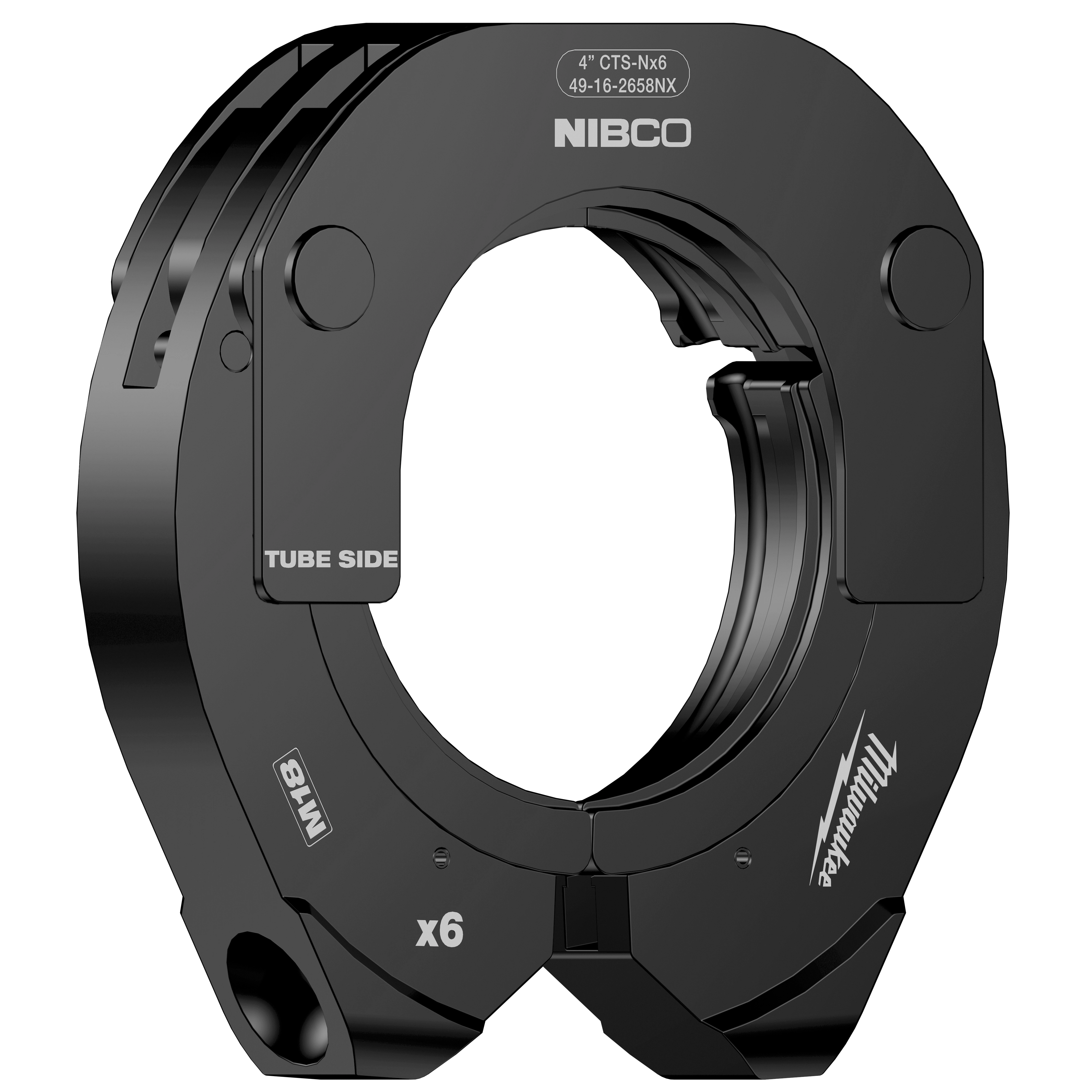 The image displays a 4" NIBCO press ring designed for use with the M18 FORCE LOGIC long throw press tool, in black color.