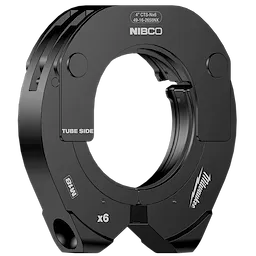 The image displays a 4" NIBCO press ring designed for use with the M18 FORCE LOGIC long throw press tool, in black color.