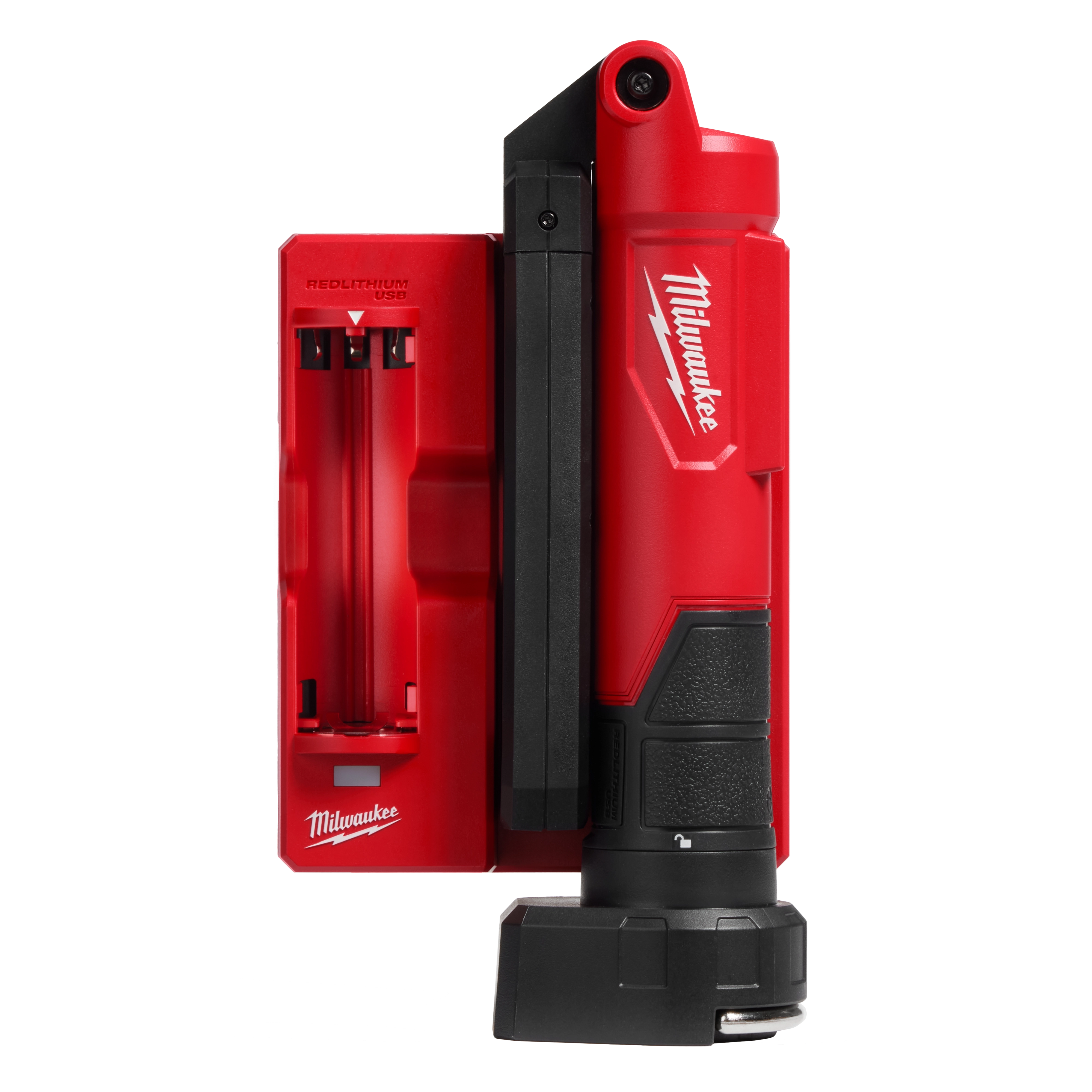 REDLITHIUM USB Stick Light with Magnet shown in red, includes charging dock. Black handle and lighting unit with Milwaukee logo.