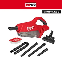 M18 Brushless Handheld Vacuum by Milwaukee, shown with several attachments including hose, extension wands, and filter.