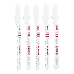 Five 3" 12TPI T-Shank Multi-Material Bi-Metal Jig Saw Blades are aligned vertically, featuring white and red markings.